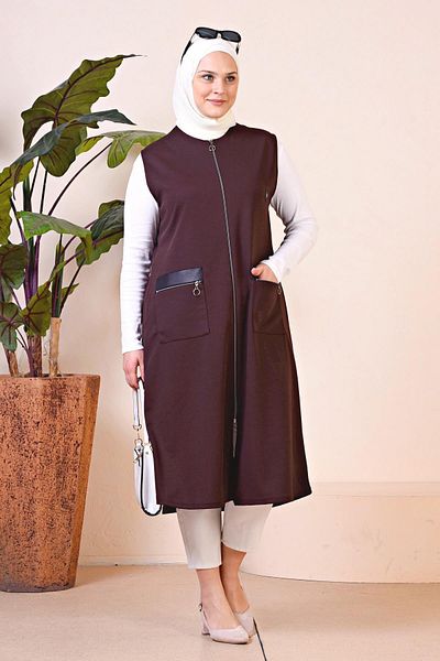 Ferace Large Size Women's Long Vest with Leather Pockets