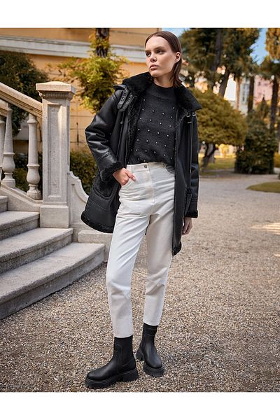 Kayra Μαύρο Faux Leather - Παλτό με γιακά