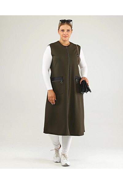 Ferace Large Size Khaki Long Vest - Leather Pocket