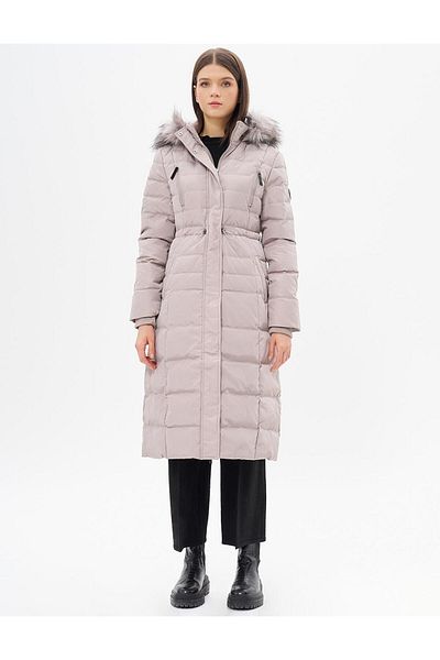 Kayra Stone Colored Goose Feather Padded Waist Drawstring Coat