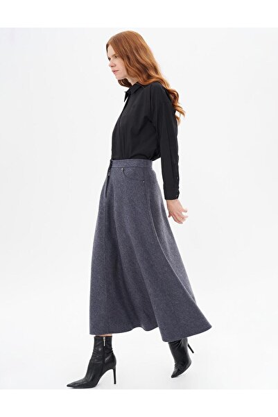 Kayra Fermuar Detaylı Keçe Etek Koyu Gri