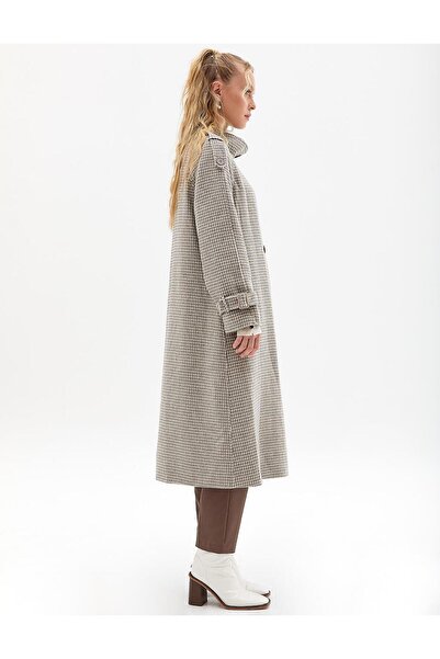 Kayra Gray Premium Wool Houndstooth Patterned Coat