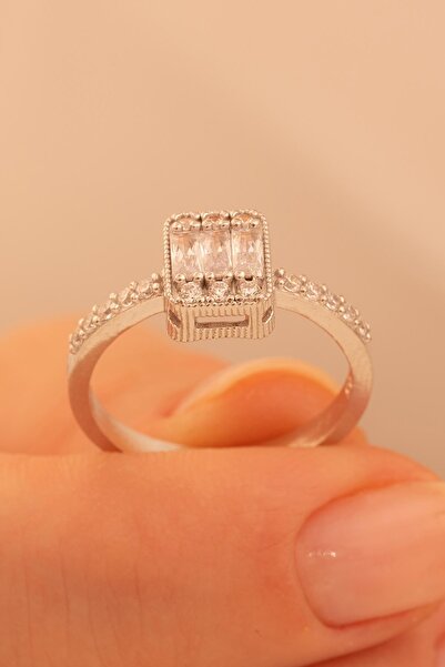 OSMANLI GÜMÜŞ Kadın Gümüş Yüzük - Süreyya Baget Taşlı Kare Model Kadın Yüzük