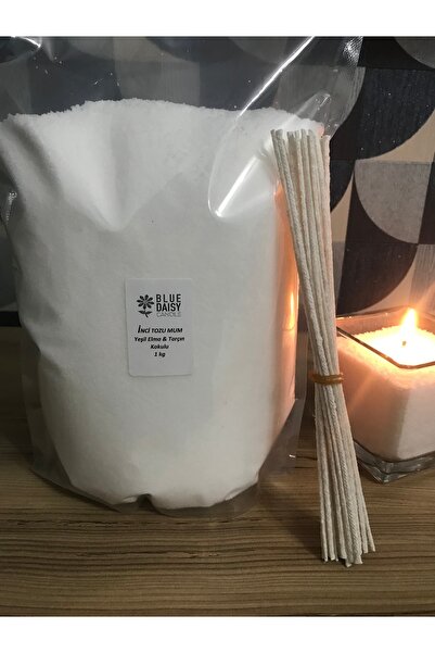 BlueDaisyCandle 1 Kg BEYAZ YEŞİL ELMA & TARÇIN kokulu Inci Tozu Mum ( 25 Adet 20 Cm Fitil Ile ) Toz Mum , Kum Mum