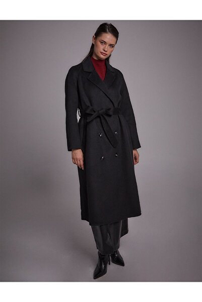 Kayra Black Premium Wool Reglan - Sleeve Belted Coat