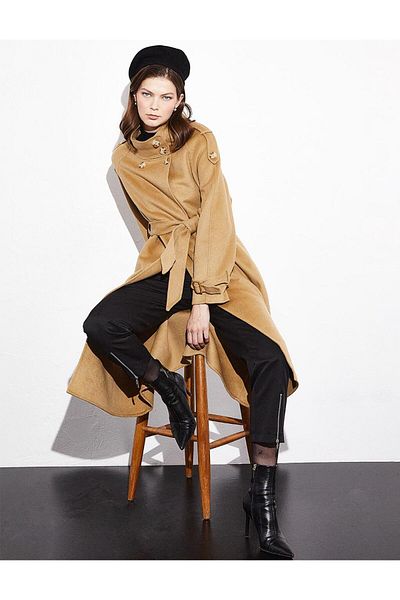 Kayra Premium Stamp Coat - Κολάρο, Διπλό Στήθος και Ζώνη, Camel