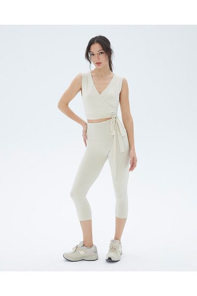 Ayma Active Αμάνικη Crop μπλούζα Cream Wrap Strap Waist