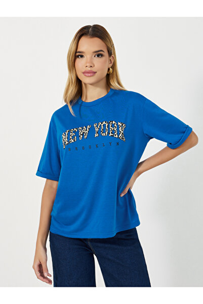 Styli Leopard Slogan Print Boxy Fit Round Neck T-shirtâ€‹