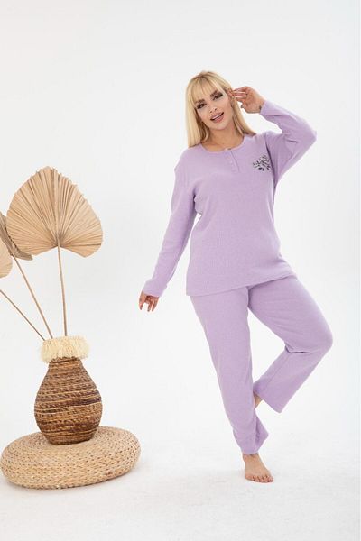 MEBA Women's Plus Size Winter Lilac Single Flower Pajamas Set
