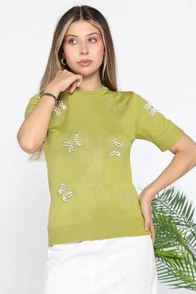 GÜLSELİ Tricou tricotat cu imprimeu perlat verde ulei