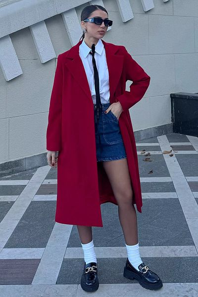 GÜLSELİ Red Women's Lined Belted Cashmere Coat