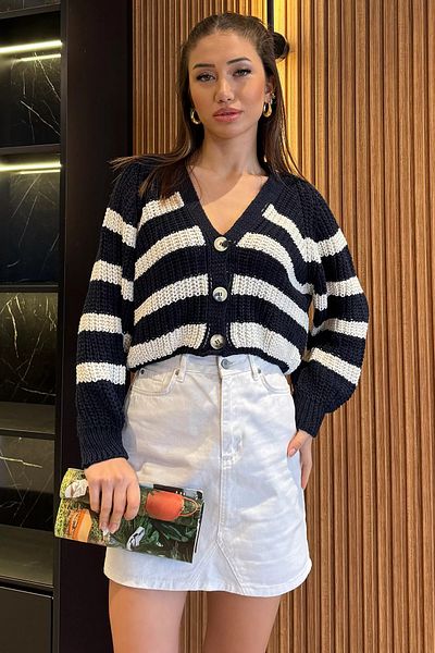 GÜLSELİ Navy Blue Cream Women's Balloon Sleeve Knitted Knitwear Cardigan