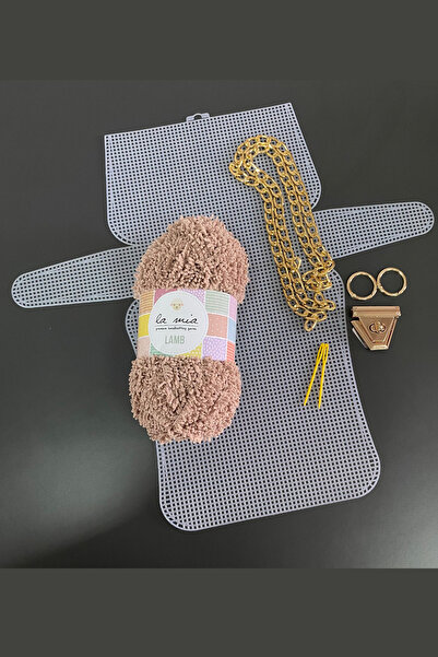 FOLD Kanvas Çanta Örgü Kiti 45x12cm - Sütlü Kahve Kuzu İpi Plastik Kanvas Çan...