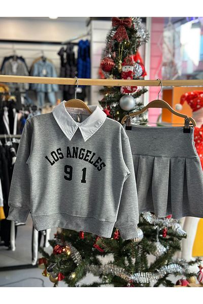 YARENKİDS Girl's Grey Skirt Set - Los Angeles Printed Sweat and Pleated Skirt