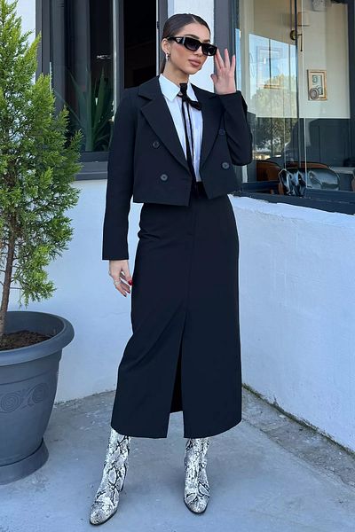 GÜLSELİ Black Women's Crop Jacket Skirt Double Set