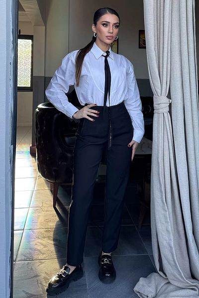 GÜLSELİ Pantaloni negri cu talie înaltă pentru femei