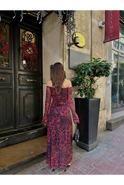 LUCK Leopard Print Madonna Neck Flounce Sleeve Red Dress