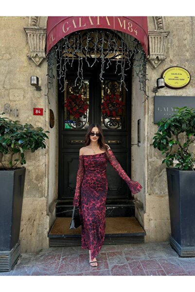 LUCK Leopard Print Madonna Neck Flounce Sleeve Red Dress