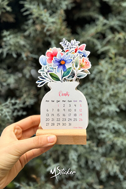 MSticker 2026 Ahşap Ayaklı Çiçekli Özel Tasarım Takvim, 2026 Takvim Özel Masaüstü Takvim Hediyelik