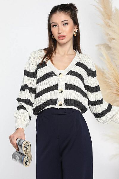 GÜLSELİ Cream Smoked Women's Balloon Sleeve Knitted Knitwear Cardigan