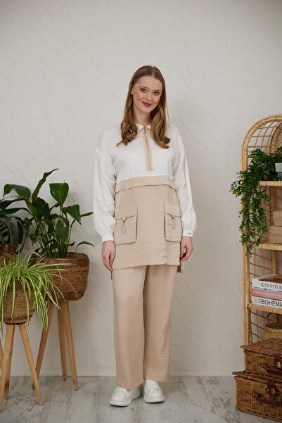 Moodbasic Half Zippered Double Color Beige Women's Suit Mb24.583-2Y4