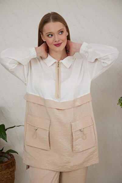 Moodbasic Half Zippered Double Color Beige Women's Suit Mb24.583-2Y4