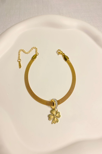 DEMOKAN Women's Steel Bracelet Tight Mesh Chain Clover Charm Bracelet