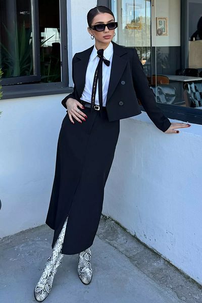 GÜLSELİ Black Women's Crop Jacket Skirt Double Set