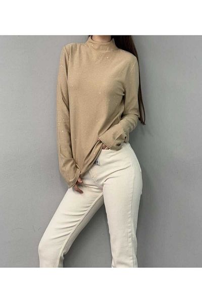 Dilvin 10685 Beige Stand Collar Sequin Slim Knitwear Sweater