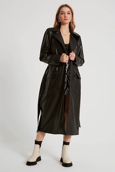 Genel Markalar Cep Detaylı Siyah Kuşaklı Kadın Trençkot 87055-2k3