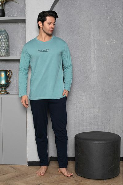 Huq Moda Sude ανδρικό σετ πιτζάμες από βαμβακερό μπαμπού, χτενισμένο βαμβακερό μακρυμάνικο με λεπτομέρεια τσέπης με απαλή υφή