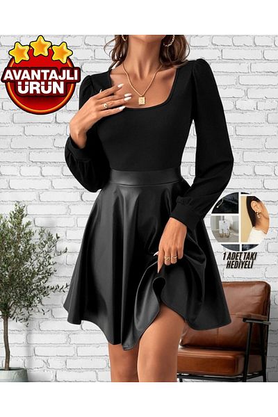 StilVibe Rochie de dama cu maneca lunga cu fusta din piele |   Cadou de bijuterii