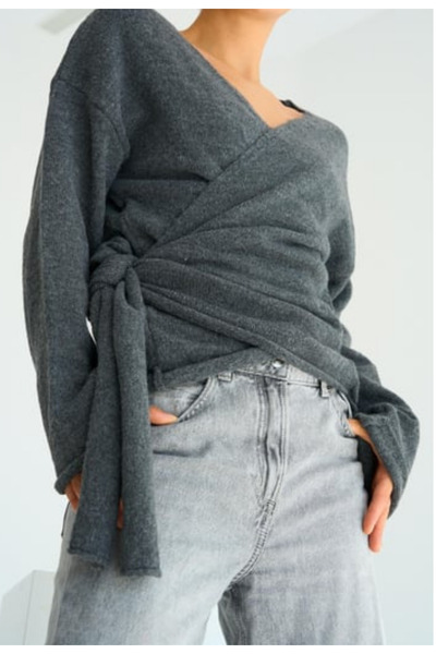 Qu Style Anvelop Bağlamalı Kazak - Antrasit
