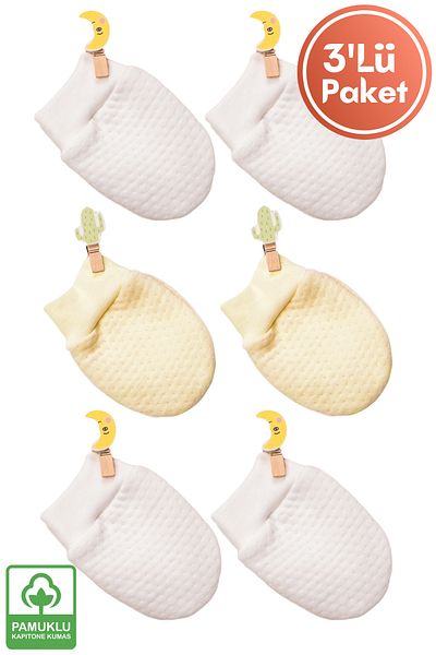 Miniel Unisex Baby Newborn Organic Cotton Quilted Fabric Baby Gloves 3 Pairs Set