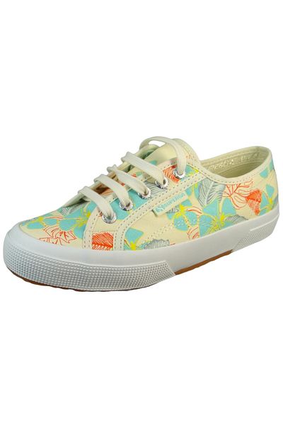 Superga Damen Low Sneaker 2750 – Blumenmuster Hibiskus Beige-Natur Türkis Mehrfarbig AEP