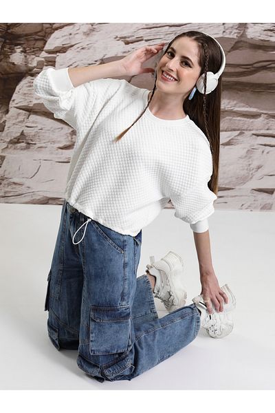 Tokyo Talkies By Styli Textured Round Neck Long Sleeves Crop Sweatshirt