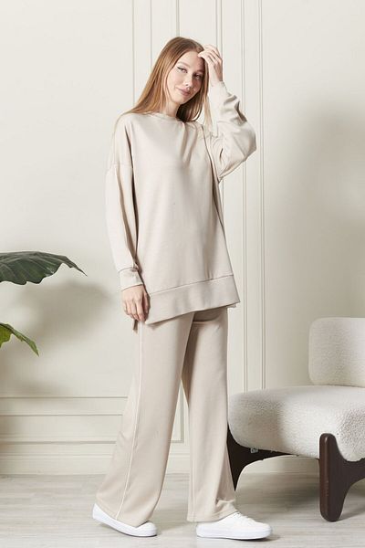 soBasic Set de pantaloni de sport cu picior largi, de culoare bej, MODAL, cu decolteu înalt, cu talie elastică - L