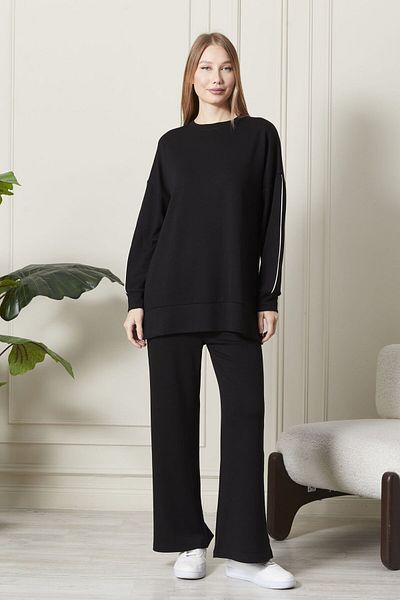 soBasic Modal Long Size Cycling Collar Waist with Elastic Ankle Detail Wide Legs Tracksuit Suit-Xl - Black