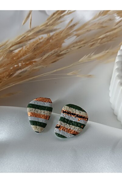La fee aksesuar kadın çizgili & renkli çelik küpe aparatlı polimer kil küpe el yapımı bej & yeşil & gri renkli