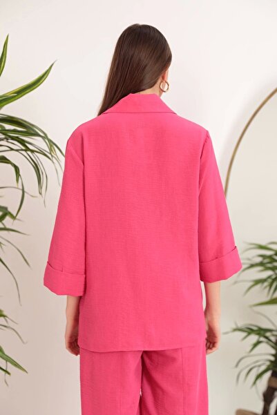 Genel Markalar Keten Kumaş Kemer Detay Cepli Kadın Tunik-Fuşya