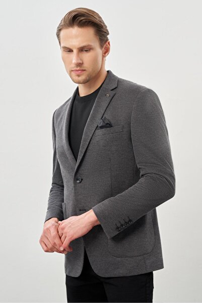 İmza Black Knitted Mono Collar Houndstooth Print Slim Fit Jacket - 2 Buttons, 6 Drop, 1002245166 _001