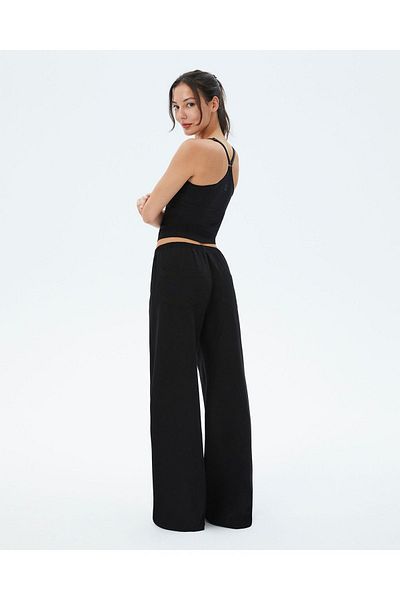 Ayma Active Black Women's Pocketed Elastic Waist Wide Leg Linen Trousers