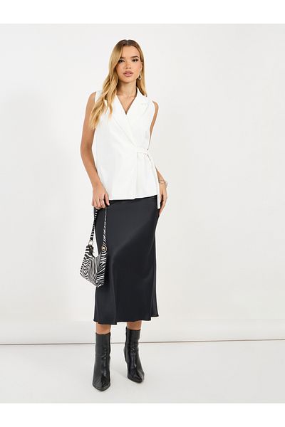 Styli Notch Lapel Sleeveless Blazer with Wrap Waist Detail