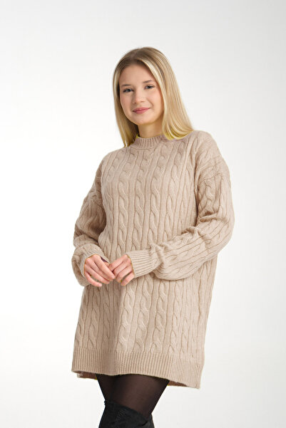 Kirazgym Beige Soft String Lule Patterned Knitwear Tunic Sweater