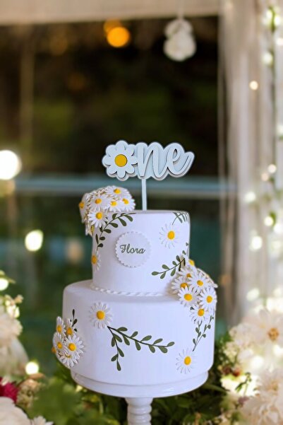 aze kids Ahşap Beyaz Papatya One Yazılı Pasta Kürdanı 1 Yaş Pasta Kürdanı (PA...