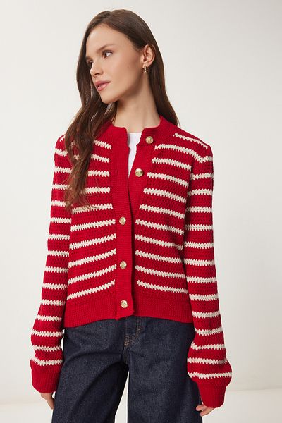 Lovelyİstanbul Red Striped Thick Orlon Cardigan - Buttoned Lhi̇0002