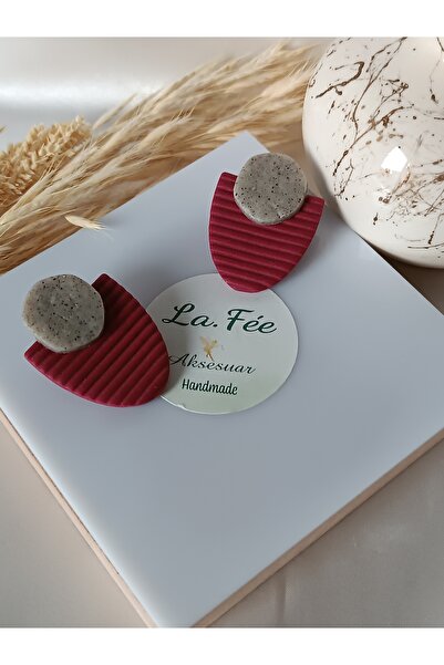 La fee aksesuar أقراط طينية نسائية من البوليمر باللون العنابي - مع جهاز فولاذي