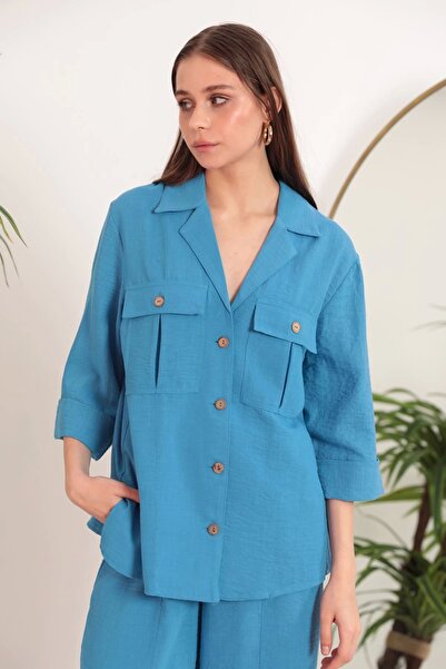 Genel Markalar Keten Kumaş Kemer Detay Cepli Kadın Tunik-Mavi
