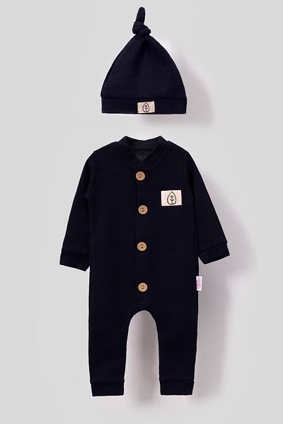 Bubito Blue Unisex Waffle Baby Romper - Wooden Button and Hat