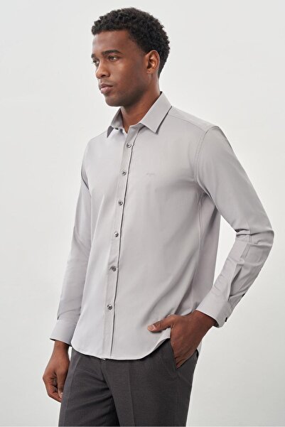 İmza Gray Long Sleeve Hard Neck Pocketless Cotton Lycra Classic Slim Fit Slim Fit Shirt 1004245234